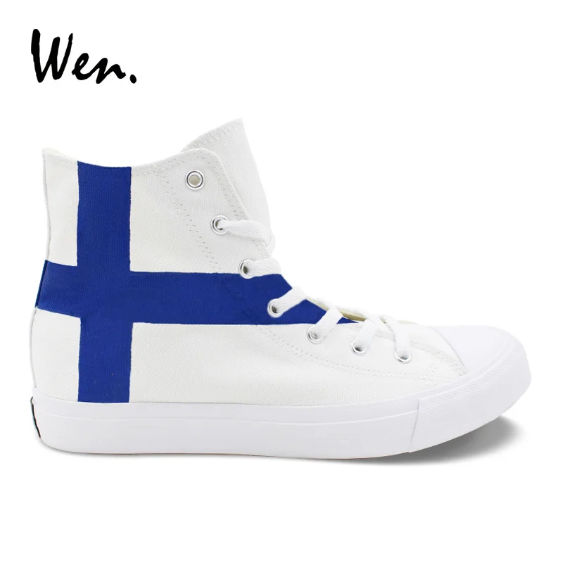 Фото Вэнь дизайн на заказ финский флаг синие полосы ручная роспись обувь высокие