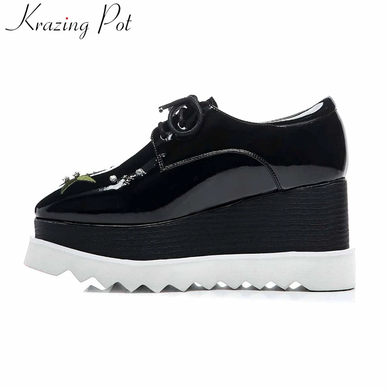 

Krazing pot new genuine leather square toe women pumps crystal embroidery brand elegant luxury lace up spring oriental shoes L50