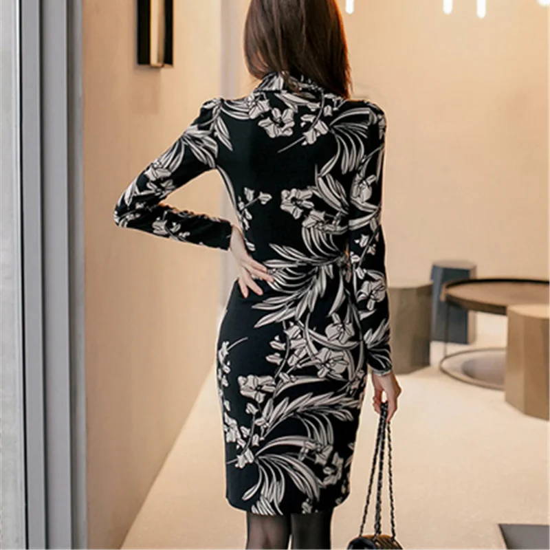 Women Spring Autumn Slim Sexy Pencil Robe Office Lady High Waist Print Elegant Long Sleeves Dress Female Vestidos Brand Dresses | Женская