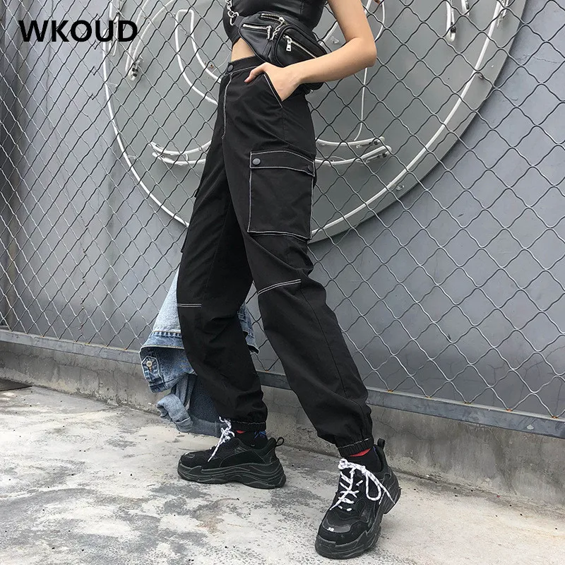 

WKOUD Women Solid Streetpants Fashion Sexy Black Cargo Pants With Pockets Joggers Casual Koren Streetwear 2019 Trousers P8770