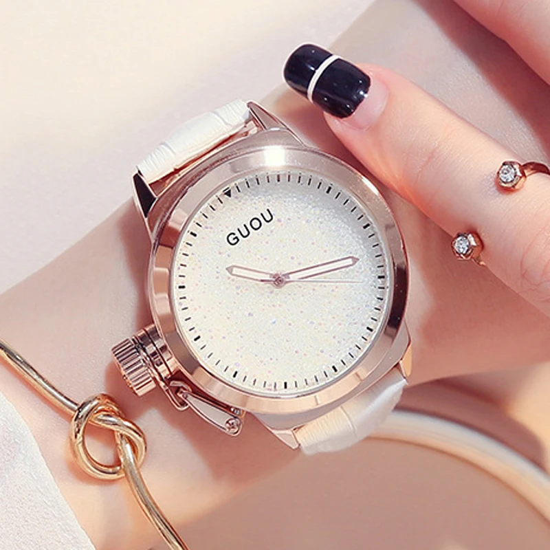 Женские Часы GUOU женские часы роскошные со сверкающими бриллиантами с кожаным