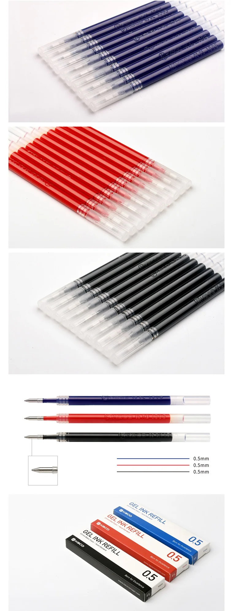Xiaomi Kaco геля чернил Refill Стандартный Универсальный 10 шт./кор. синий цвет черный, темно-синий и красный цвета гелевые ручки 0,5 мм для заправки зажигалок школьные канцелярские принадлежности