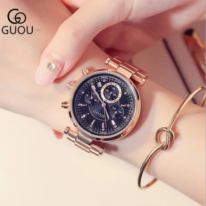 Женские Наручные Часы GUOU роскошные часы цвета розового золота модные женские