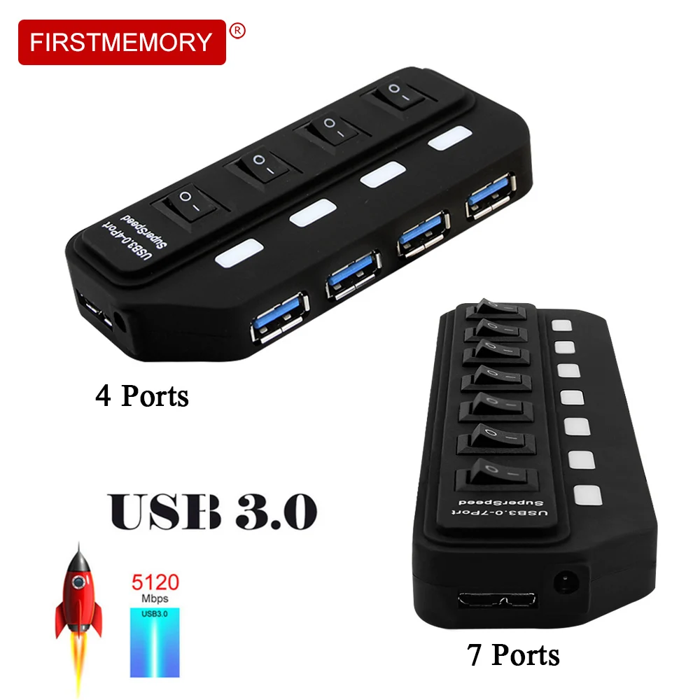 Firstmemory USB3.0 концентратор USB A до 4/7 Порт с ЕС/США/AU/Великобритания DC 5 В/2A адаптер