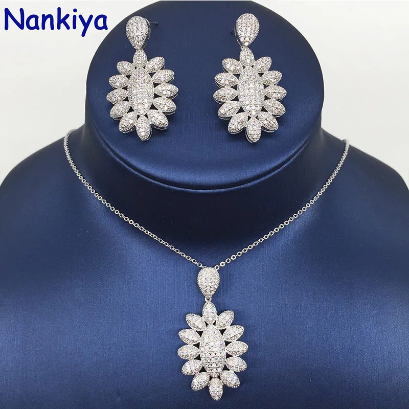 white gold Nankiya Элегантный Модный циркониевый свадебный ювелирный набор в форме большого эллипса, ожерелье, серьги, комплект из 2 предметов для женщин,, медь NC682 - Окраска металла: white gold
