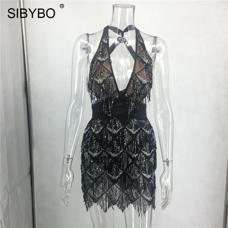 Sibybo прозрачное сексуальное женское платье с блестками и сеткой с глубоким v-образным вырезом на спине летнее Бандажное платье мини Вечерние платья для ночного клуба