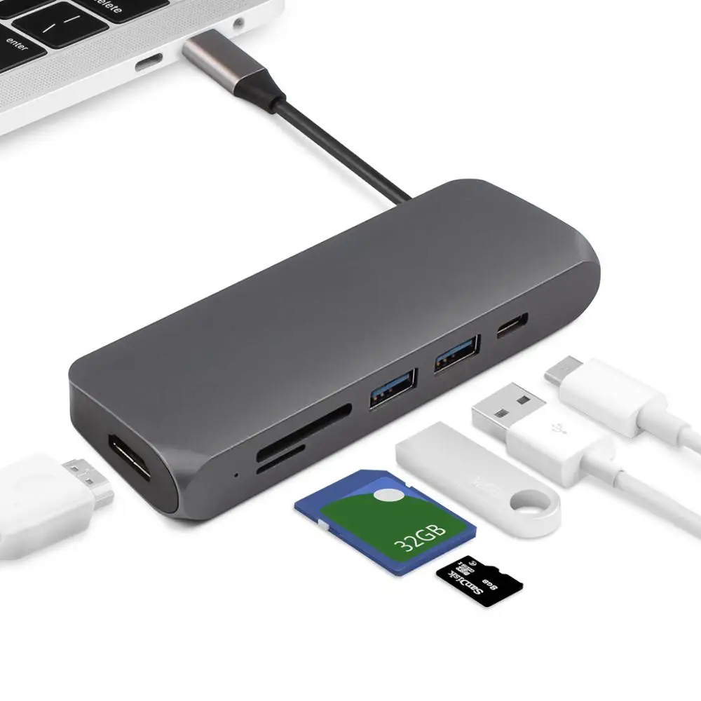 USB C концентратор type адаптер 6в1 с 4 K HDMI SD/TF картридеры 2 3 0 Thunderbolt Зарядка PD порт для