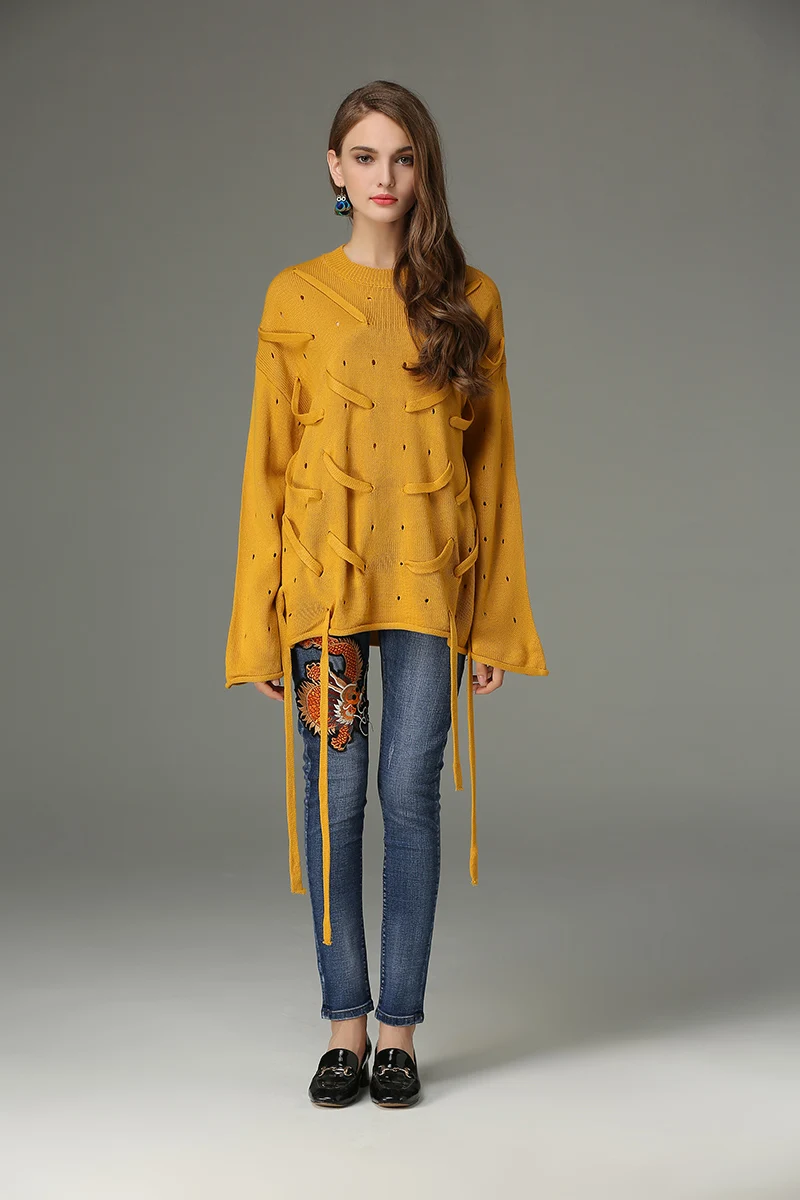 DALMAZZO 2018 Newest Autumn Women Office Lady Runway Holes Loose Sweaters Thick Wool Knitted Pullovers Flare Long Sleeve Sweater | Женская