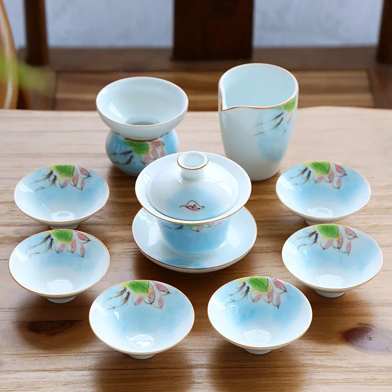 Чайный набор, керамический фарфор Цзиндэчжэнь, Gaiwan, чайная чашка, блюдце, крышка, ручная роспись, китайский кунг-фу, чайные наборы, полный набор, новинка