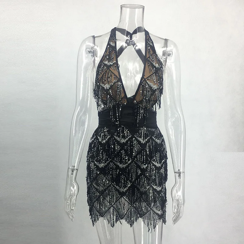 Neonrrexy Sexy Sleeveless Bandage Tassel Luxury Party Dresses Women Cocktail Gold Sequins Bodycon Backless Vestidos | Женская одежда