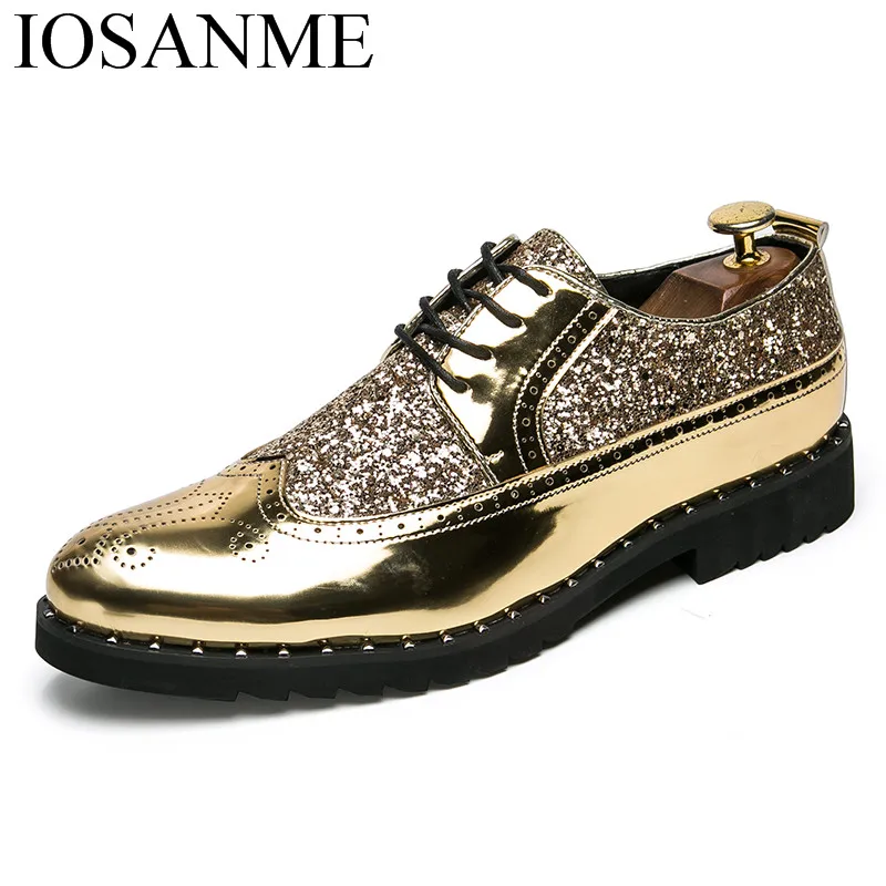

mens fashion shoes luxury brand rhinestones italian patent leather shiny wedding ballroom cool gold brogue oxford shoes for men