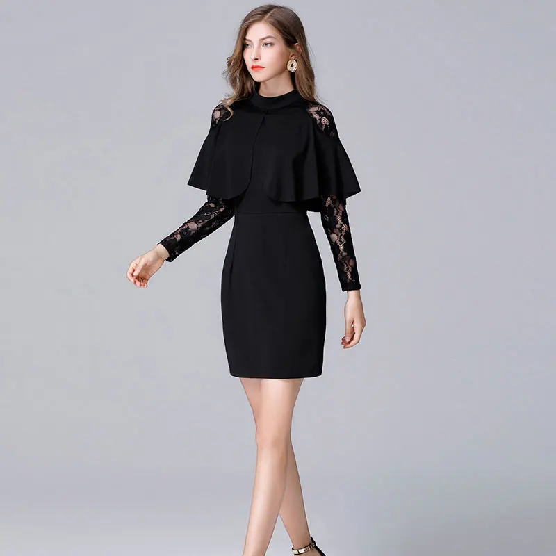 Women autumn new elegant Black Chiffon lace Plus size slim dress large Size Cloak Sleeves Pencil Dress Office Lady party Dresses | Женская