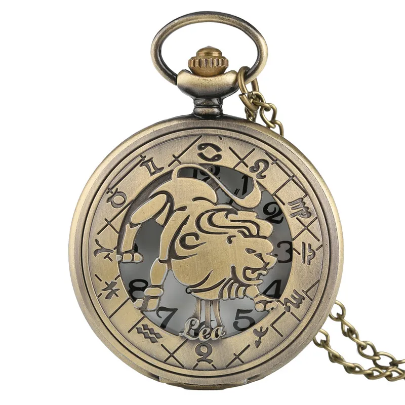 

Retro Bronze Twelve Constellations Chain Quartz Pocket Watch Women/ Men Hollow Cute Leo Pendant Necklace Children Gift Clock