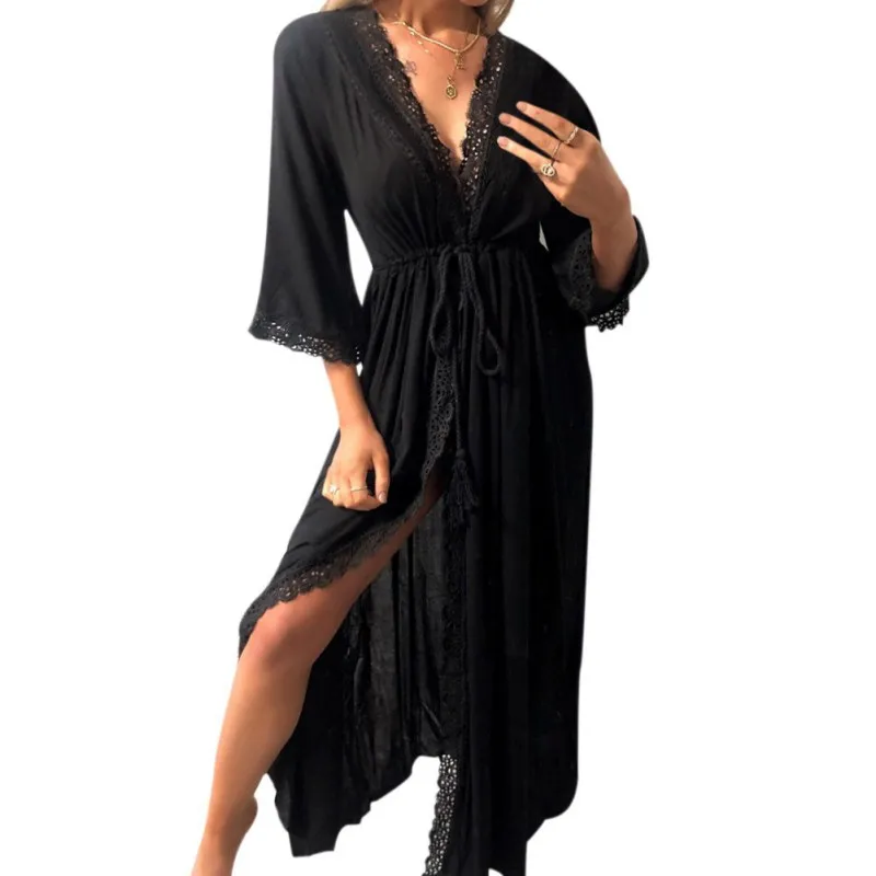 Women Dress Summer 2019 Ladies Lace Patchwork Dresses Sexy V Neck Long Sleeve Solid Color Casual Womens |