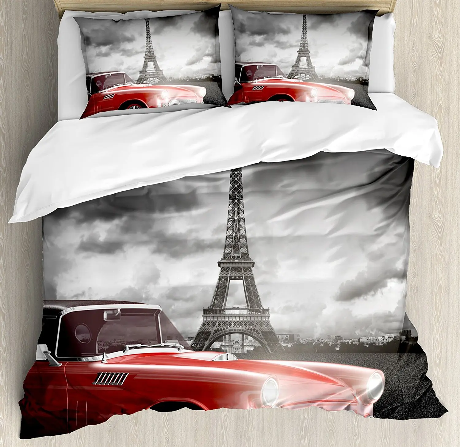 Paris Duvet Cover Set Fancy Vintage Car with Tour Eiffels in Cold Cloudy Day Romantic Theme Retro Style Art Photo Bedding | Дом и сад
