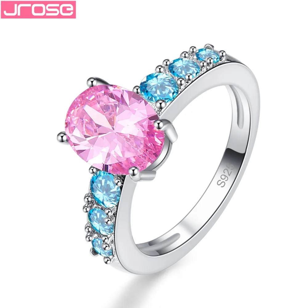 JROSE Wholesale Wedding Simple Style Oval Cut Pink Blue Yellow Red Purple Cubic Zirconia Jewelry Silver Fashion Ring Size 6-13 |