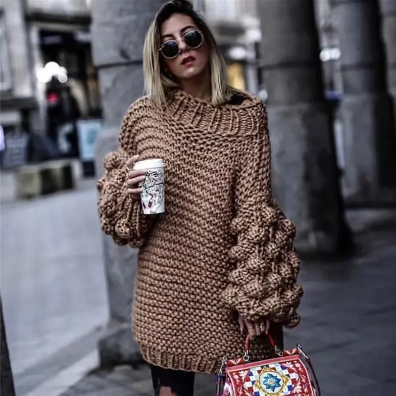 Chic Coarse Wool Hand Knit Womens Pullovers Sweaters Turtleneck Loose Oversized Streetwear Autumn Winter Chunky Sweater | Женская одежда