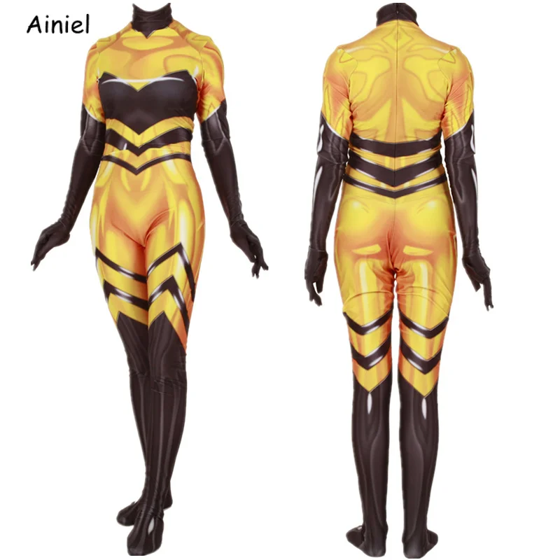 Аниме Костюм Лига Справедливости королева пчела косплей 3D принт Zentai боди костюм комбинезоны Хэллоуин костюм для вечеринки для женщин и детей