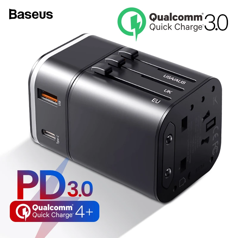 Универсальное зарядное устройство Baseus 18 Вт с двумя usb-портами QC4.0 QC3.0 PD3.0, зарядное устройство для мобильного телефона 2 в 1, Международная розетка