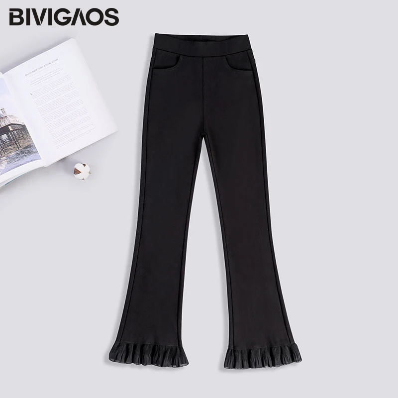 

BIVIGAOS 2018 Spring New Chiffon Lace Flare Pants Ladies Slim Skinny Black Leggings Elastic Casual Pants Flared Trousers Women