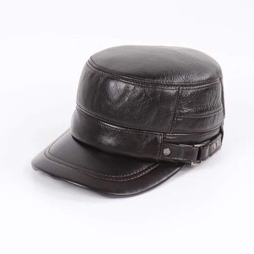 New Outdoor Men Real Sheepskin Leather Flat Caps Man Warm Real Natural Sheep Leather Military Hats Fall Winter Real Leather Hat - Цвет: brown