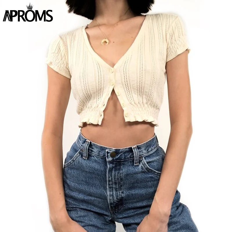 Aproms, элегантная, v-образная горловина, ребристая, Вязанная, укороченная блузка, рубашка, женская, с оборками, короткий рукав, кардиган с пуговицами, женский, облегающий, кроп-топ