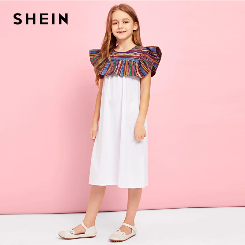 SHEIN Kiddie/белое платье с вырезом-замочкой на спине и контрастными пуговицами для девочек-подростков; вечерние платья для девочек; коллекция года; сезон лето; платье-трапеция без рукавов для девочек