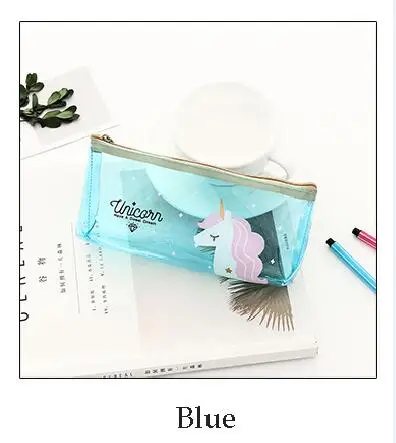 Unicorn blue Милые прозрачные пеналы с фруктами для девочек, клубника, банан, ПВХ, канцелярские принадлежности, сумка для хранения, школьные офисные принадлежности, Escolar - Цвет: Unicorn blue