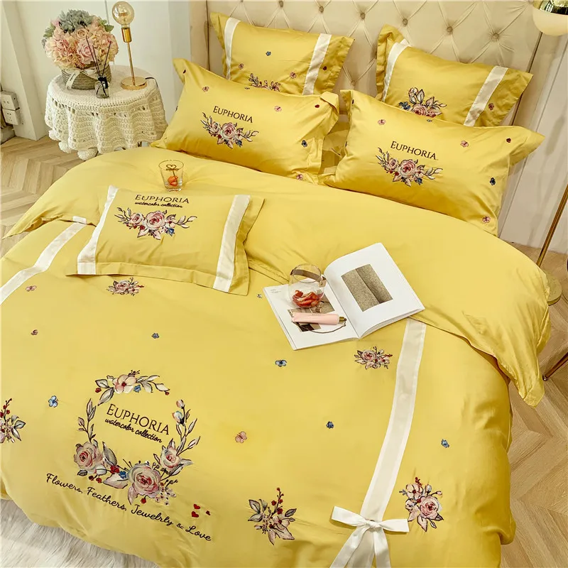 Желтый розовый стиль принцессы 60S Египетский хлопок Цветы Роза вышивка