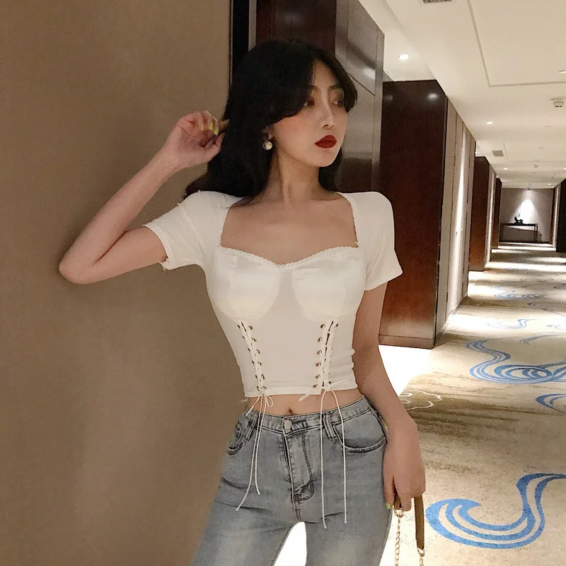 Moda Feminina Punk Style T Shirts White Black Summer Women Fashion Brand Tshirt Female Slim Crop Top Basic Lace Tees Korean | Женская