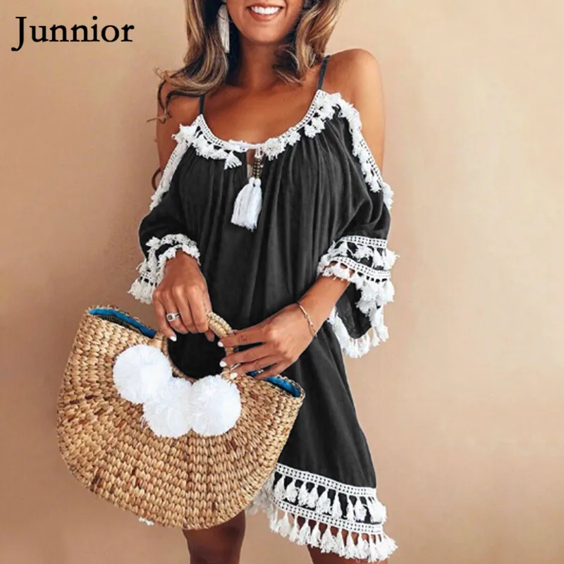 Junnior Summer Fashion Strap Ladies Dress Off The Shoulder Dresses Women Batwing Sleeve Loose Tassel Femme Vestidos | Женская одежда