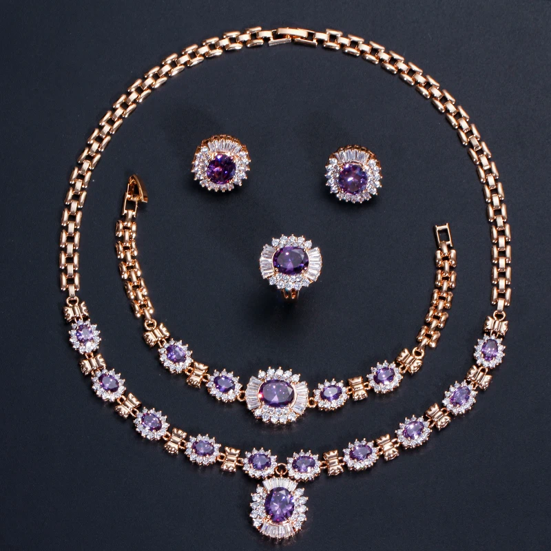 ThreeGraces Dubai Gold Color Purple Oval Austrian Crystal 4 Piece Luxury Wedding Engagement Jewelry Set For Women JS168 | Украшения и