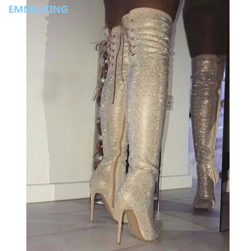 

Glitter Bling Women Thigh High Boots Pointed Toe Cross-Tied High Heels Woman Winter Shoes Fashion Mujer Over The Knee Long Boots