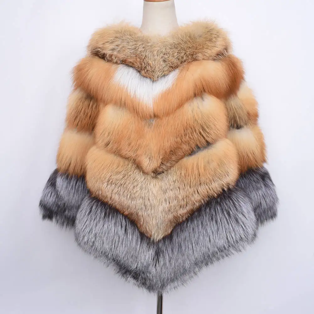 Red Fox Mix Silver Большой натуральный мех накидка Женская Толстая теплая меховая Золотая настоящая красная лисица мех модная Серебряная лисица шаль роскошный стиль мех пончо S7485 - Цвет: Red Fox Mix Silver
