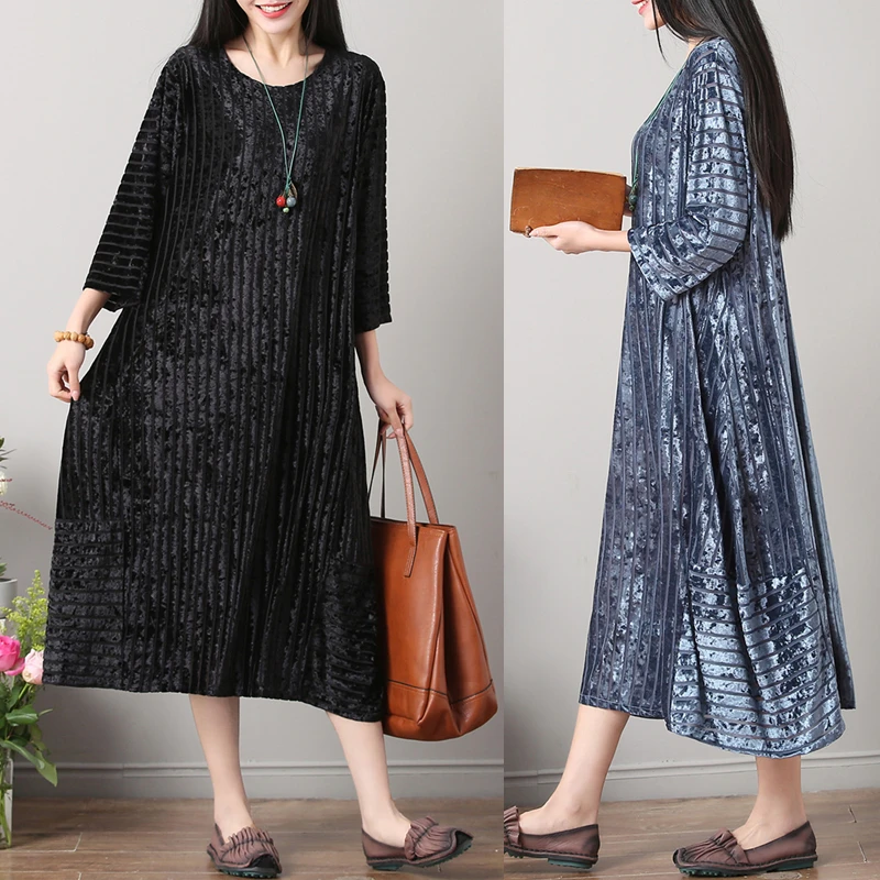 2018 Spring Lagenlook Velvet Striped O-Neck Loose Dress Women Vintage Plus Size Long Sleeve A-Line | Женская одежда