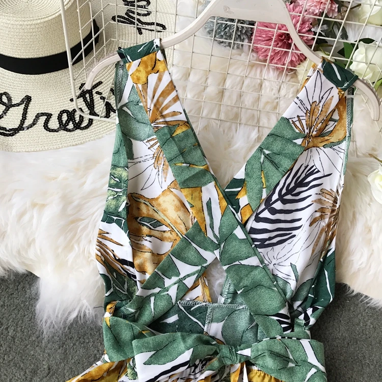 Пляжный Boho короткий женский летний комбинезон с открытой спиной и v-образным вырезом без рукавов комбинезон корейский цветочный принт плюс размер женский комбинезон