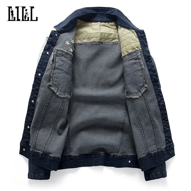 Новинка весна 2017 Модная Джинсовая куртка с кожаным флагом мужские стильные