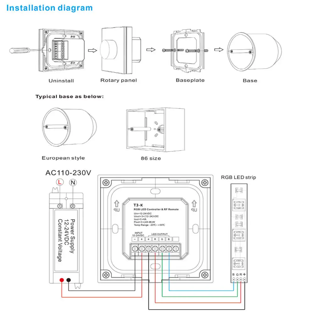 

Knob WW CW CCT Wall-mounted Switch Touch Panels Led Controller 288W DC12V-24V Rotate Remote Dual White Strip Controller RF2.4G