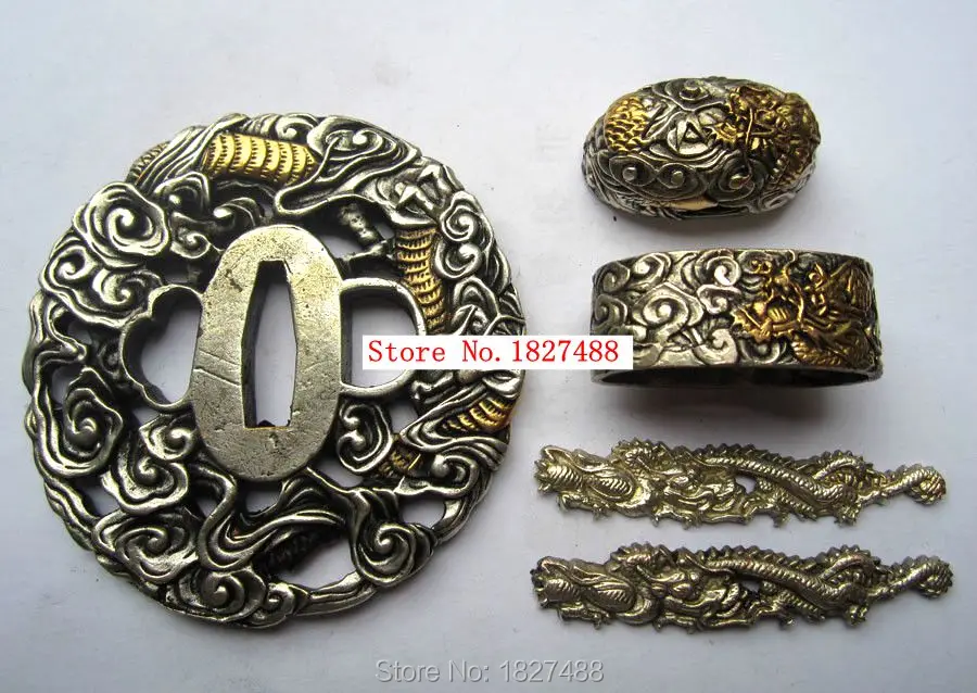 W/Dragon Design японский меч самурая катана медный фитинг TSUBA + FUCHI KASHIRA menumi|fuchi kashira|kashira