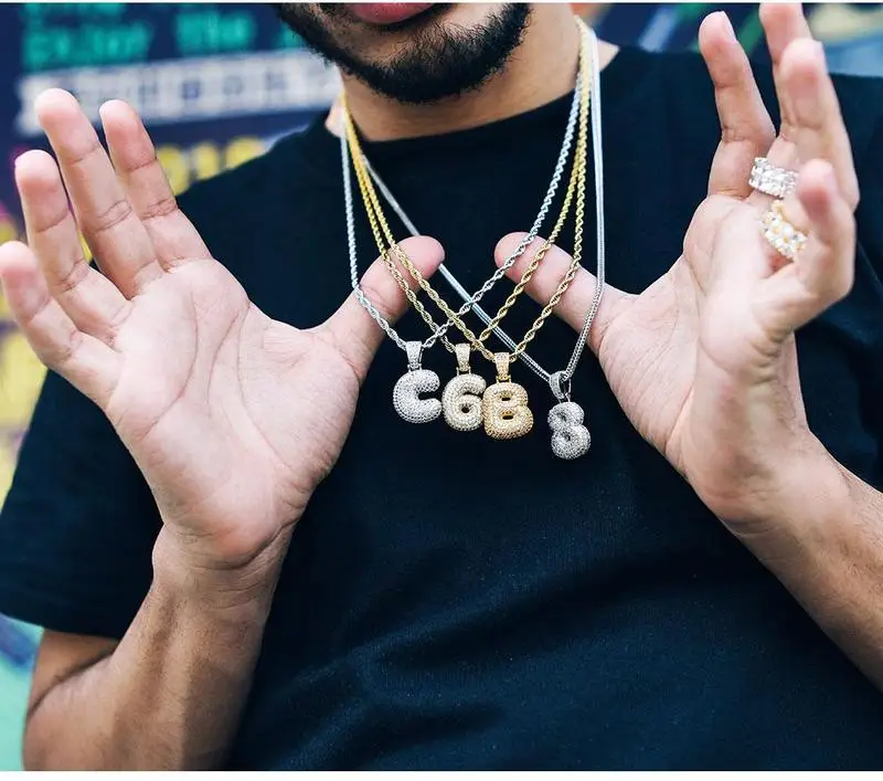 Iced Out пользовательские Пузырьковые буквы кулон ожерелье пузырь начальные буквы слова Белое золото кулон в стиле хип-хоп Ожерелье для мужчин и женщин