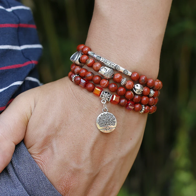 108 Mala Beads Natural Red Stone Wrap Bracelet Crystal Yoga Necklace Meditation Rosary Lotus Alloy Charm Bracelets | Украшения и