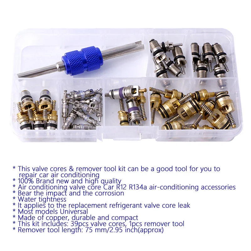 R12 Valve Cores AC Schrader 39pcs 75mm Oil resistant With Remover Air Conditioning |