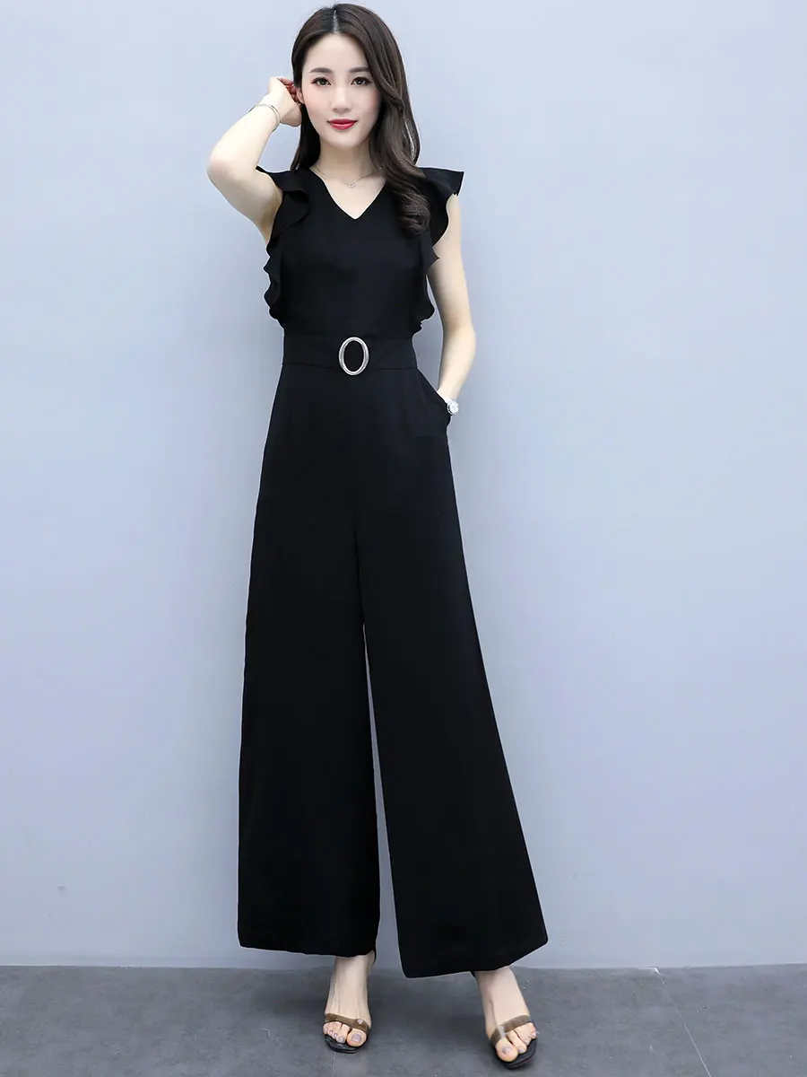 Black Elegant Office Lady Solid Ruffle Sleeveless Rompers Summer Workwear  Women Jumpsuits