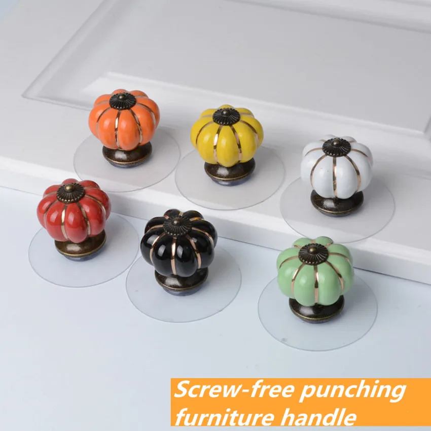 Rural pumpkin Free screw -free punching kitchen cabinet handle white red green orange yellow black drawer knob | Обустройство дома