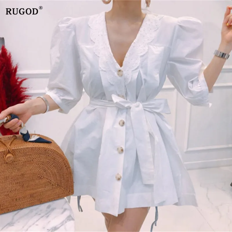 RUGOD 2019 Новая мода с пышными рукавами женские топы и блузки однобортный v образный