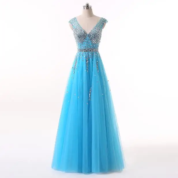 picture color Menoqo Vestidos De Festa платья для выпускного вечера с v-образным вырезом без рукавов Тюль Кристалл А-силуэт Длинные вечерние платья W1701167 - Цвет: picture color