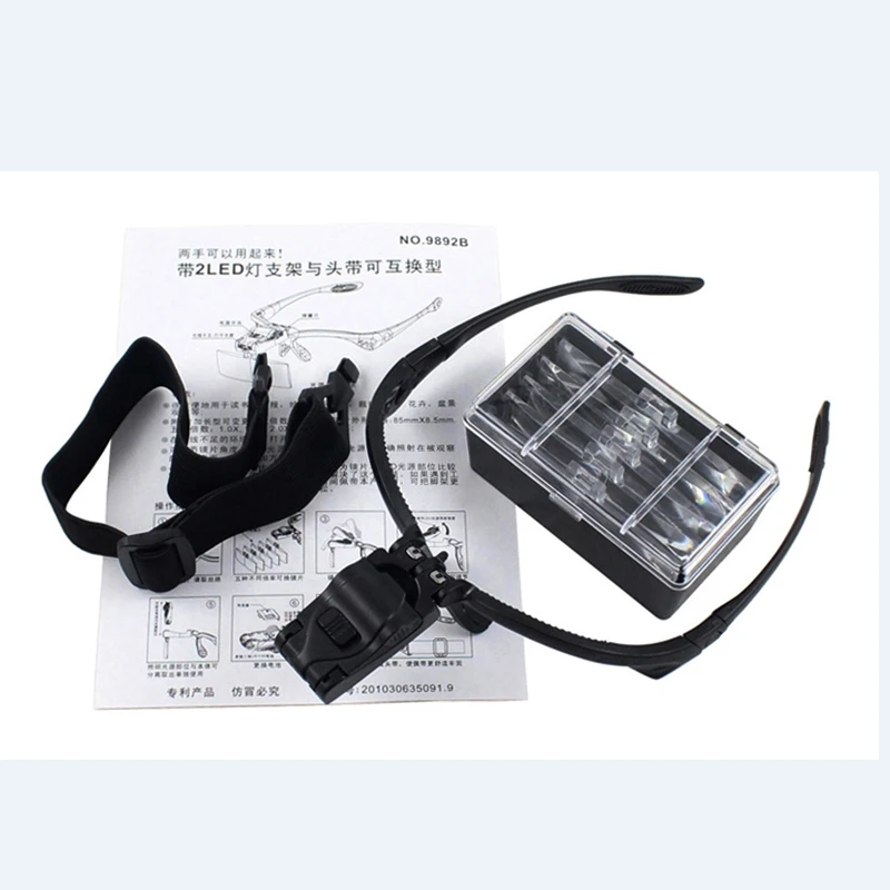 

Headband Repair Magnifier 2 LED Eye Magnifying Glass 1.0/1.5/2.0/2.5/3.5X 5PC Optical Lens Old Man Reading Repair Glasses Loupe