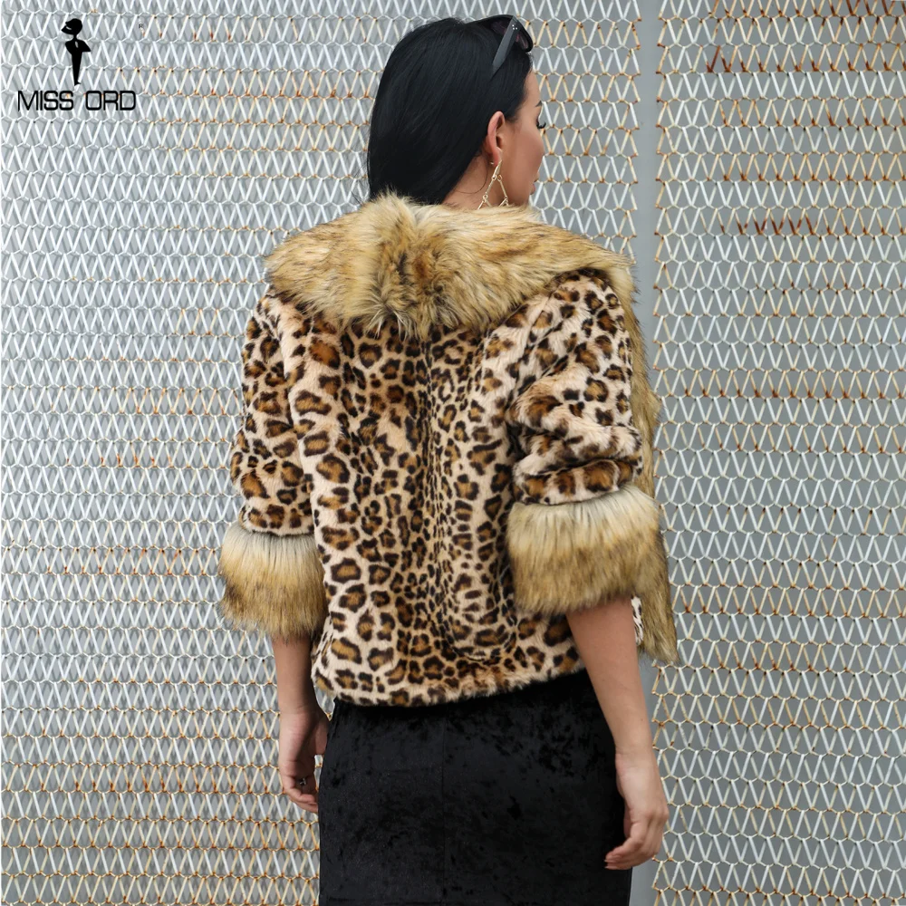 Missord 2019 Fashion sexy Faux Fur Short Sleeve Women Party Outerwear Winter Warm Leopard Coat Swearter MQ0054 |