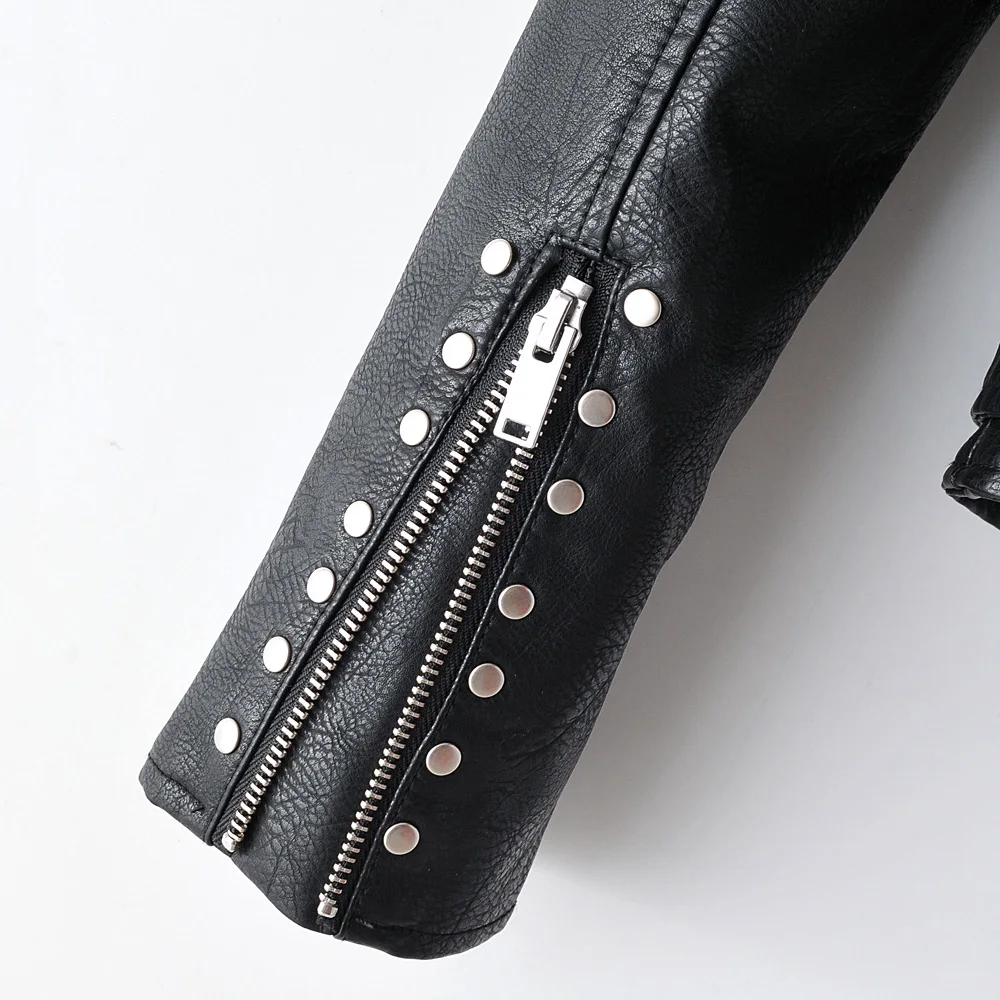 Черная кожаная куртка для женщин из искусственной кожи с длинным рукавом