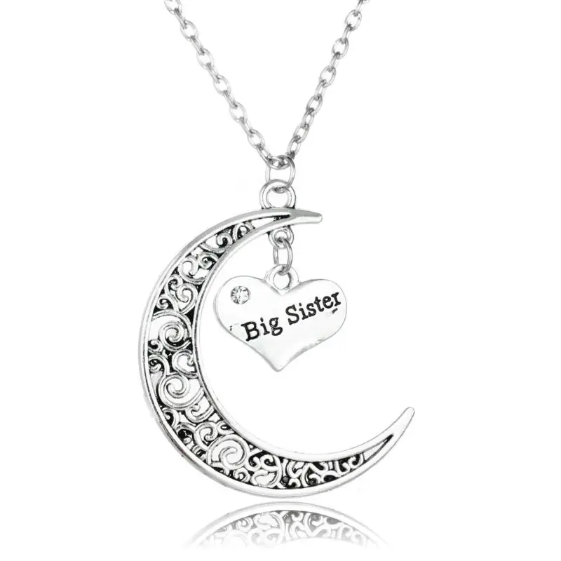 Большая сестра полые луна Ретро стиль кристалл сердце посеребренное Sis ожерелье